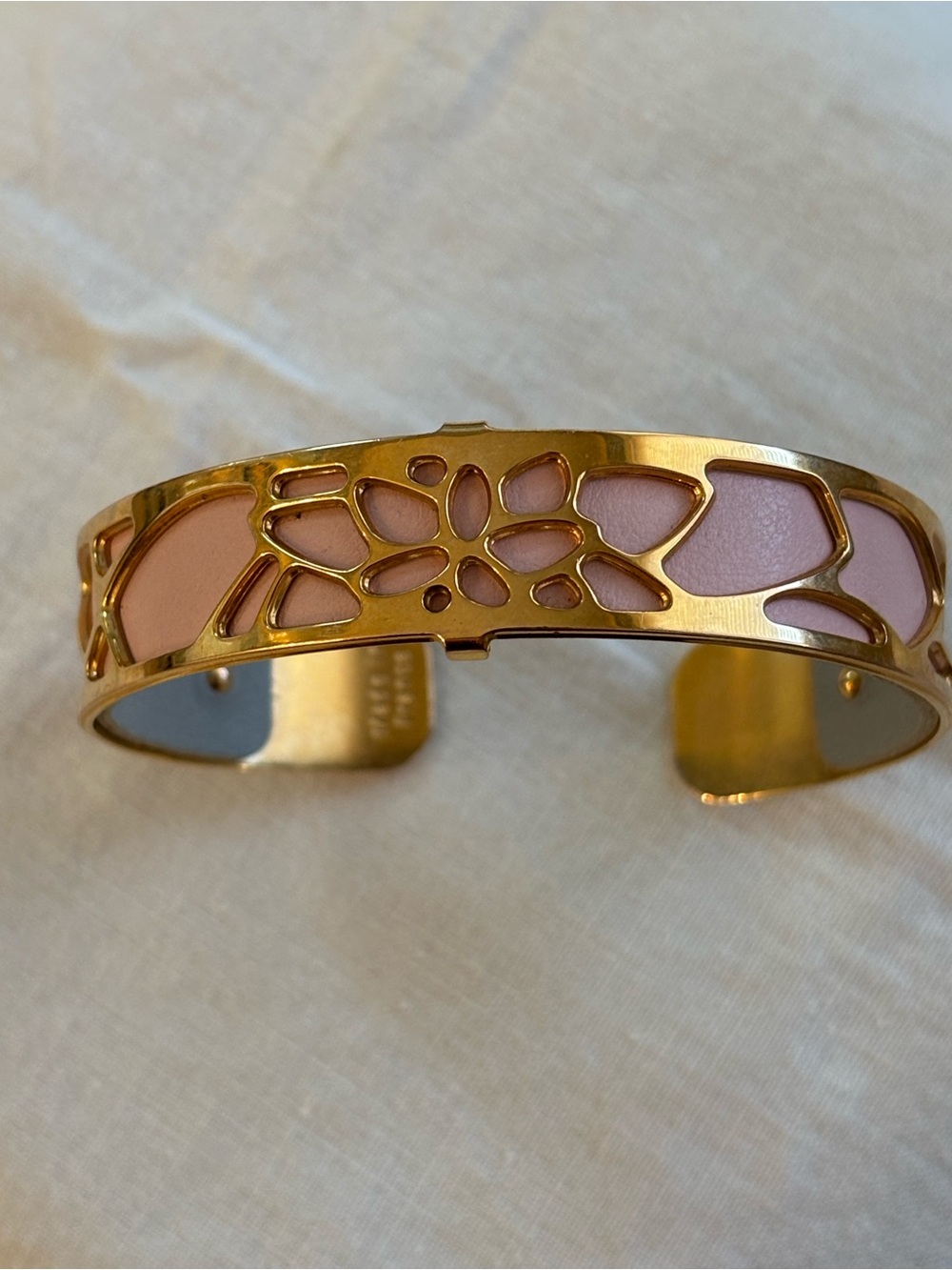 Les Georgettes Gold Plated Cuff Bracelet Reversible Blush Pink & Gray 6” Signed